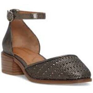 Lucky Brand Maliya heeled leather sandal w/ strap in Pewter silver metallic 6.5